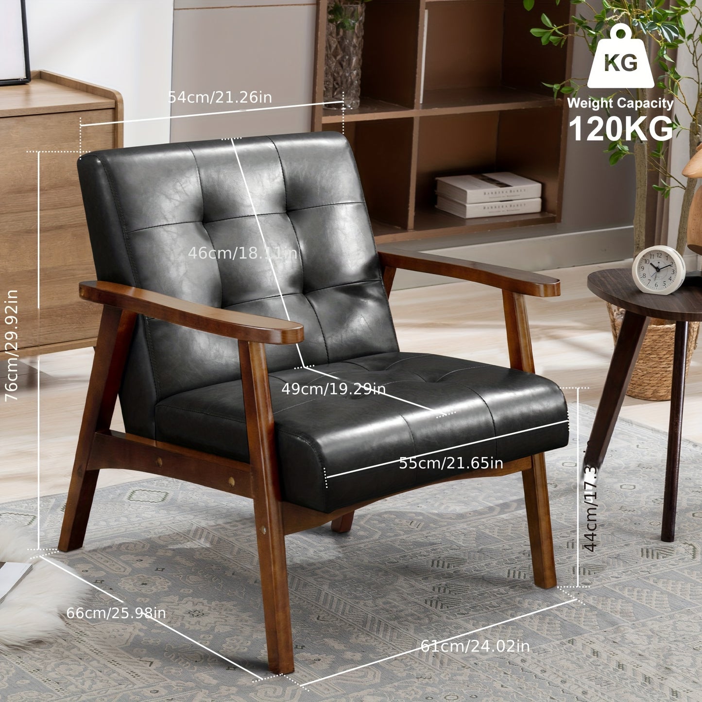 Zwarte Retro Sofa – Vintage Bank – Zitmeubel – Loveseat – Design Fauteuil – Kunstleer Bekleding – Massief Eikenhout Frame – Comfortabele Zitting