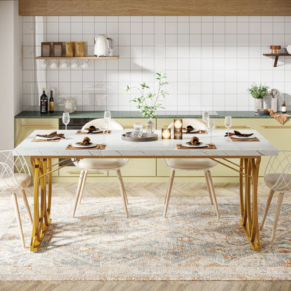 Eettafel – Tafel – Dinertafel – Keukentafel – Ontbijttafel – 63 inch Groot – Wit Faux Marmeren Blad met Gouden Geometrische Poten