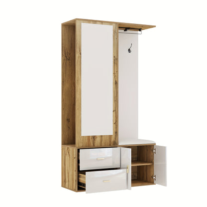 Kledingkast – Kledingkasten – Garderobekast – Opbergkast – Schoenenkast – Compleet Set Wit Houtkleur – Spiegel Inclusief – Uitschuifbare Kledingrail