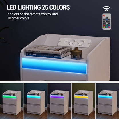 Nachtkastje – Bijzettafel – Opbergkastje – Nachtkast – Nachtkastjes – Set Van 2 Met LED-verlichting – Oplaadstation Met USB En Stopcontact – Zwart – 35x40x58 cm – Spaanplaat