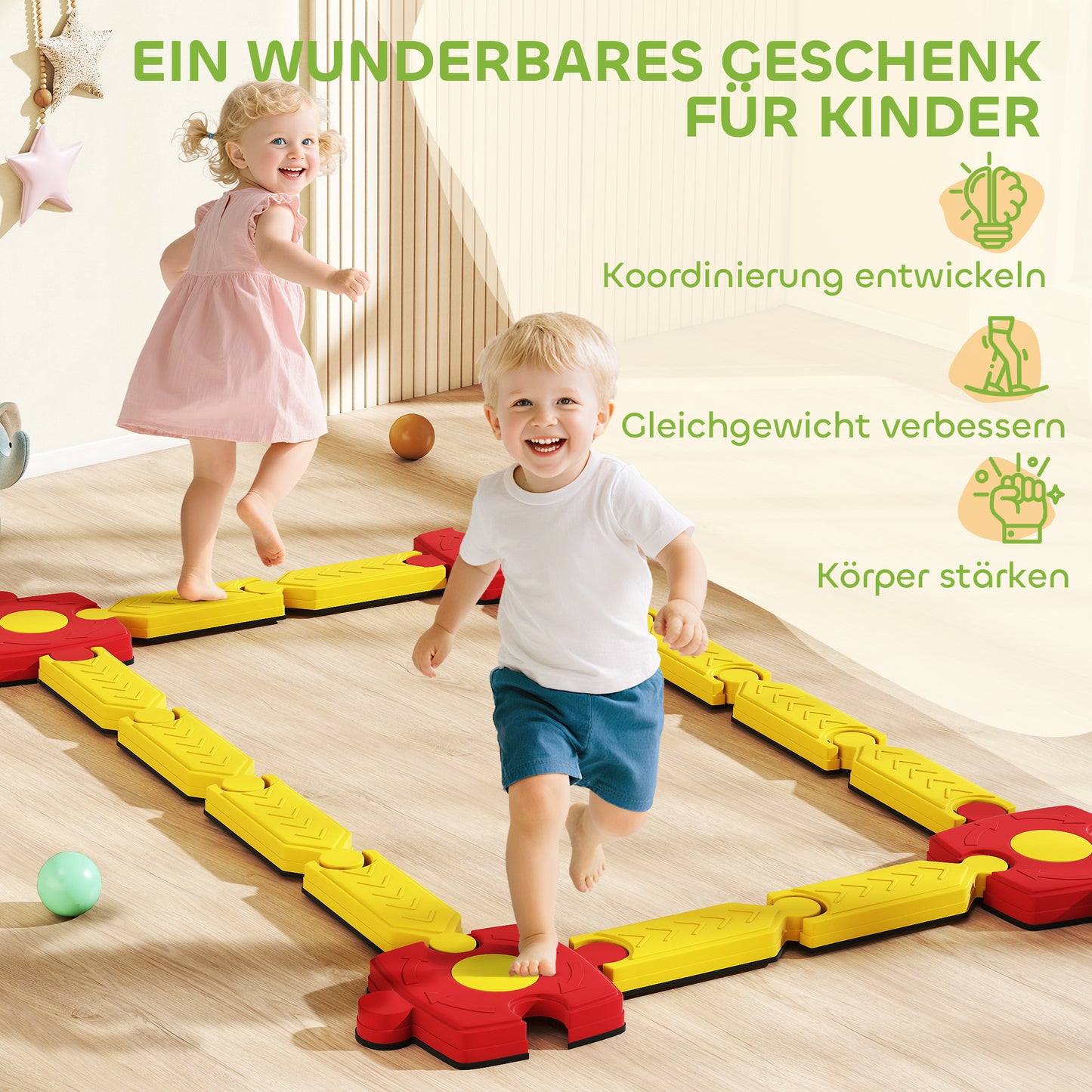 Balansparcours Kind – Balansset – Evenwichtsbaan – Motoriekspel – Speelparcours – Geel/Rood – Duurzaam Kunststof – Flexibel Modular