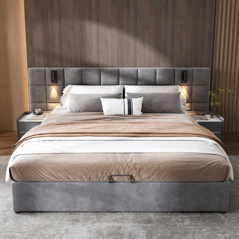 Uitschuifbed – Opbergbed – Bed Met Opbergruimte – Slaapbed – Velours Bed – 180x200cm – Hydraulische Opbergruimte – Verstelbare Lamp