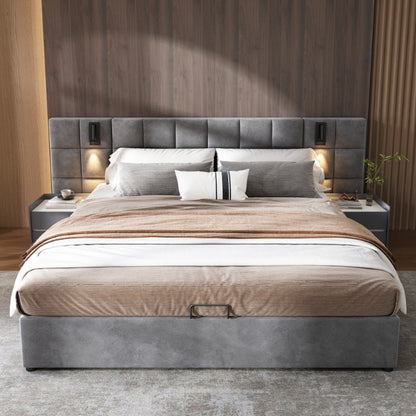 Uitschuifbed – Opbergbed – Bed Met Opbergruimte – Slaapbed – Velours Bed – 180x200cm – Hydraulische Opbergruimte – Verstelbare Lamp