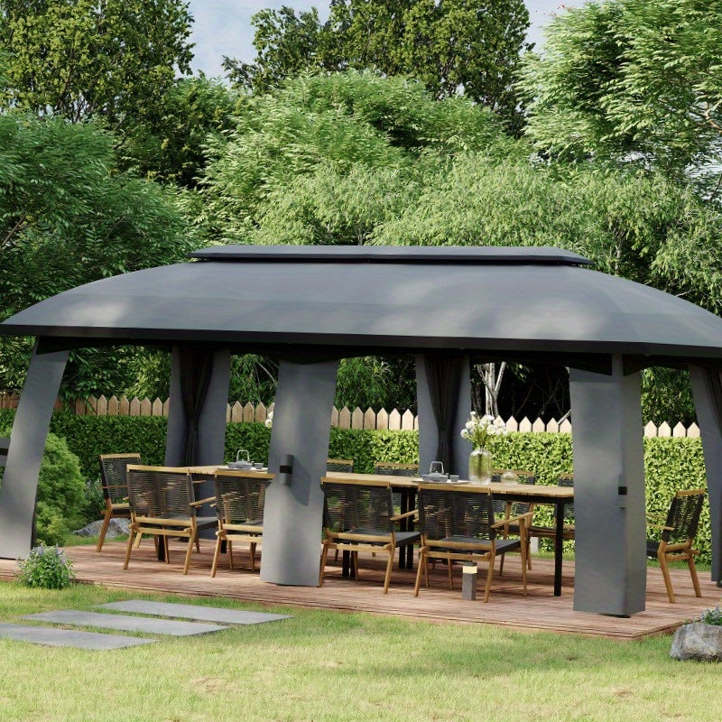Partytent – Paviljoen – Tuintent – Feesttent – Overkapping – 3x6 m – Met Dubbele Dakbedekking en Zijwanden Met Muggennet – Stevig Metalen Frame – Ruim Voor 15 Personen – Donkergrijs/Zwart