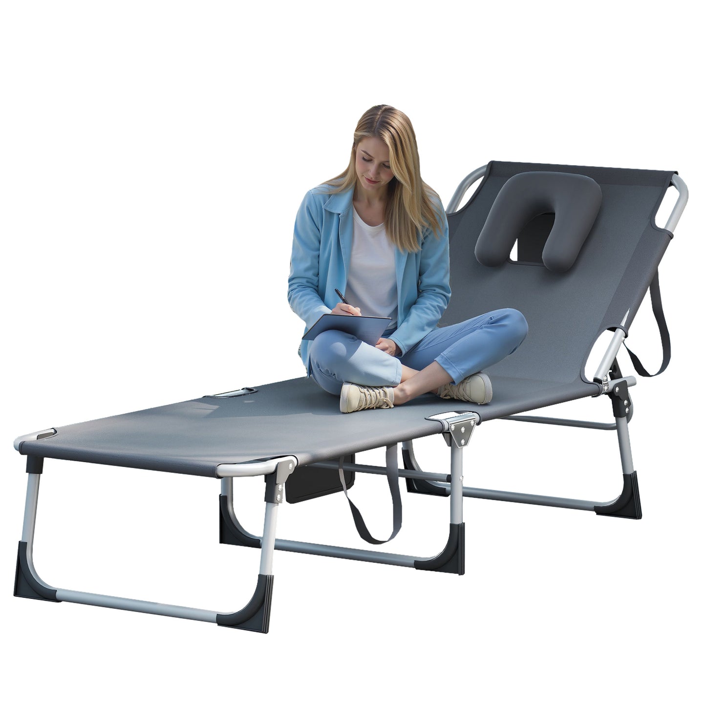 Ligstoel – Relaxstoel – Tuinstoel – Inklapbare Stoel – Ligbed – Stevig Kunststof Frame – Handmatig Verstelbare Rugleuning – Compact Opvouwbaar – Comfortabel Hoofdkussen – Lichtgrijs