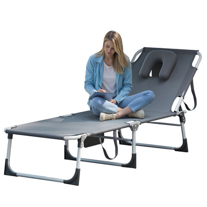 Ligstoel – Relaxstoel – Tuinstoel – Inklapbare Stoel – Ligbed – Stevig Kunststof Frame – Handmatig Verstelbare Rugleuning – Compact Opvouwbaar – Comfortabel Hoofdkussen – Lichtgrijs