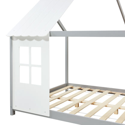 Kinderbed – Kinderbedden – Eenpersoonsbed – Huisbed – Stapelbed – Semi-open Dak – Massief Grenenhout – 140x200 cm Mintgroen/Wit