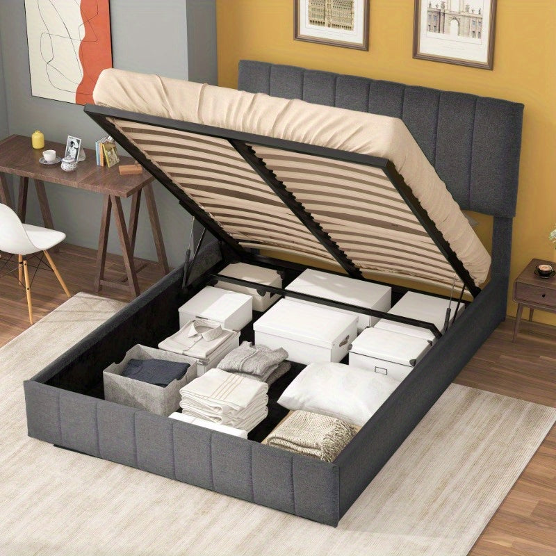 Opbergbed – Opbergboxspring – Gestoffeerd Bed – Tweepersoonsbed – Platformbed – Hydraulisch Systeem – Verstelbaar Hoofdeinde – Metalen Frame – Inclusief Matras – Ruimtebesparend