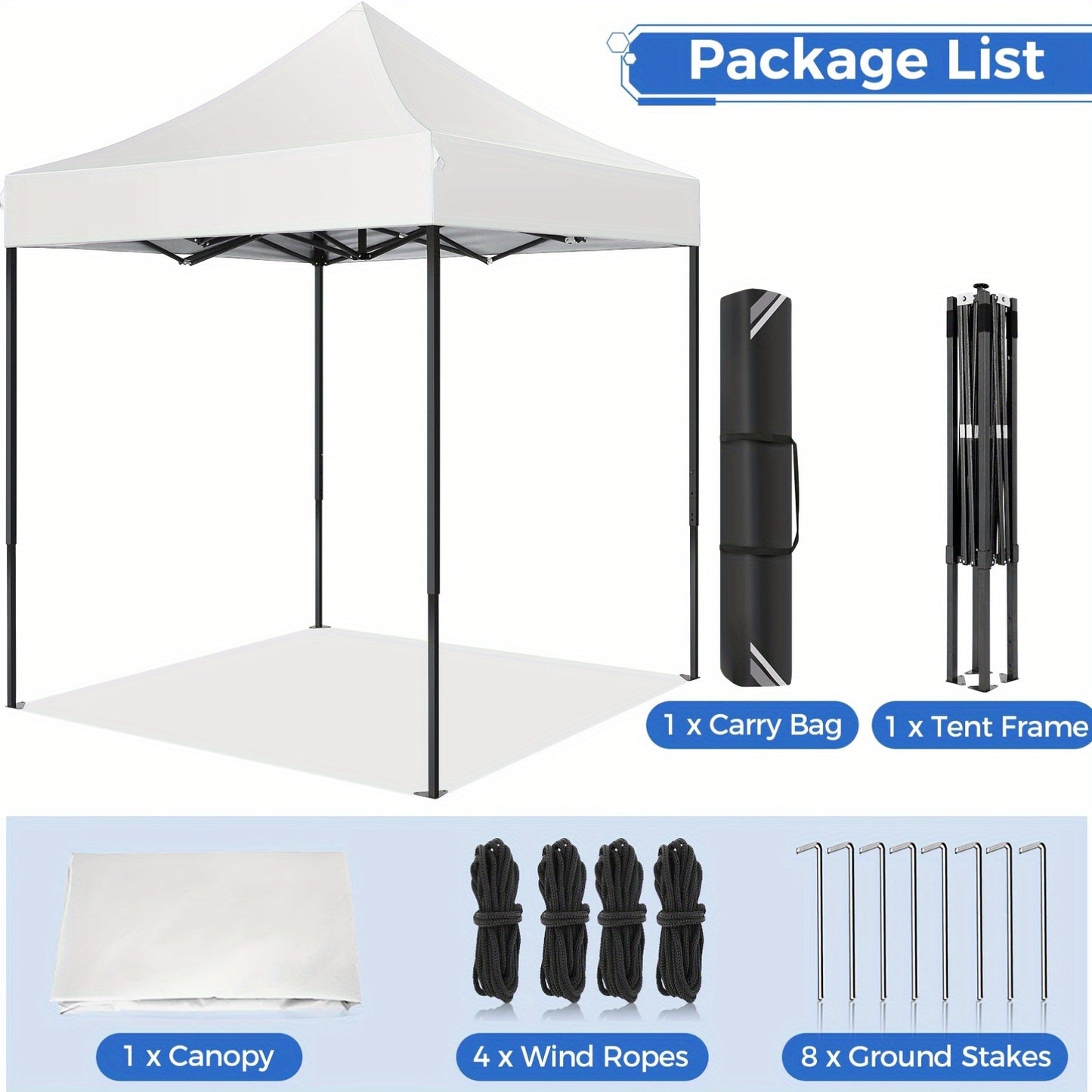 2×2m Pop Up Tent, Folding Gazebo, No Side Walls, With Portable Bag, Easy To Set Up, Height Adjustable, Small Volume For Easy Carrying, Oxford Cloth, Commercial Canopy, Suitable For Camping, Market Stalls, Parties, Beaches, C