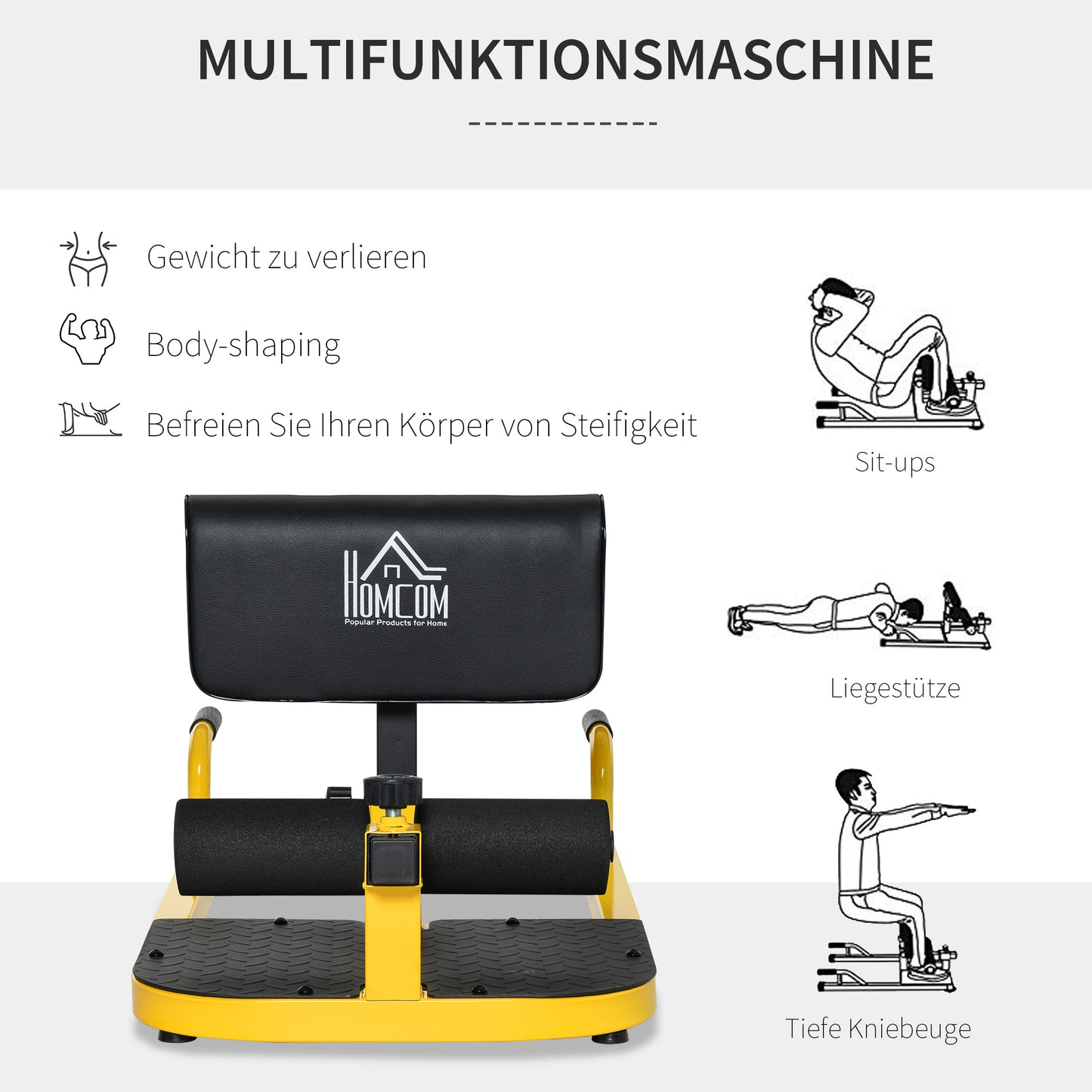 Sissy Squat Trainer – Knie Trainer – Benen Trainer – Buikspiertrainer – Billen Trainer – 3-in-1 Verstelbare Trainer – Stalen Frame Tot 120 Kg – Geel/Zwart 50x97x44,5-56,5 Cm