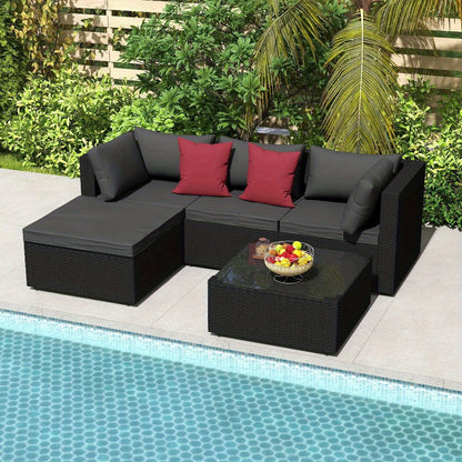 Tuinmeubelset – Balkonmeubels – Loungeset – Rotan Meubels – Buitenmeubels – 5-delig PVC Rattan – Met Kussens En Glazen Tafel – Zwart