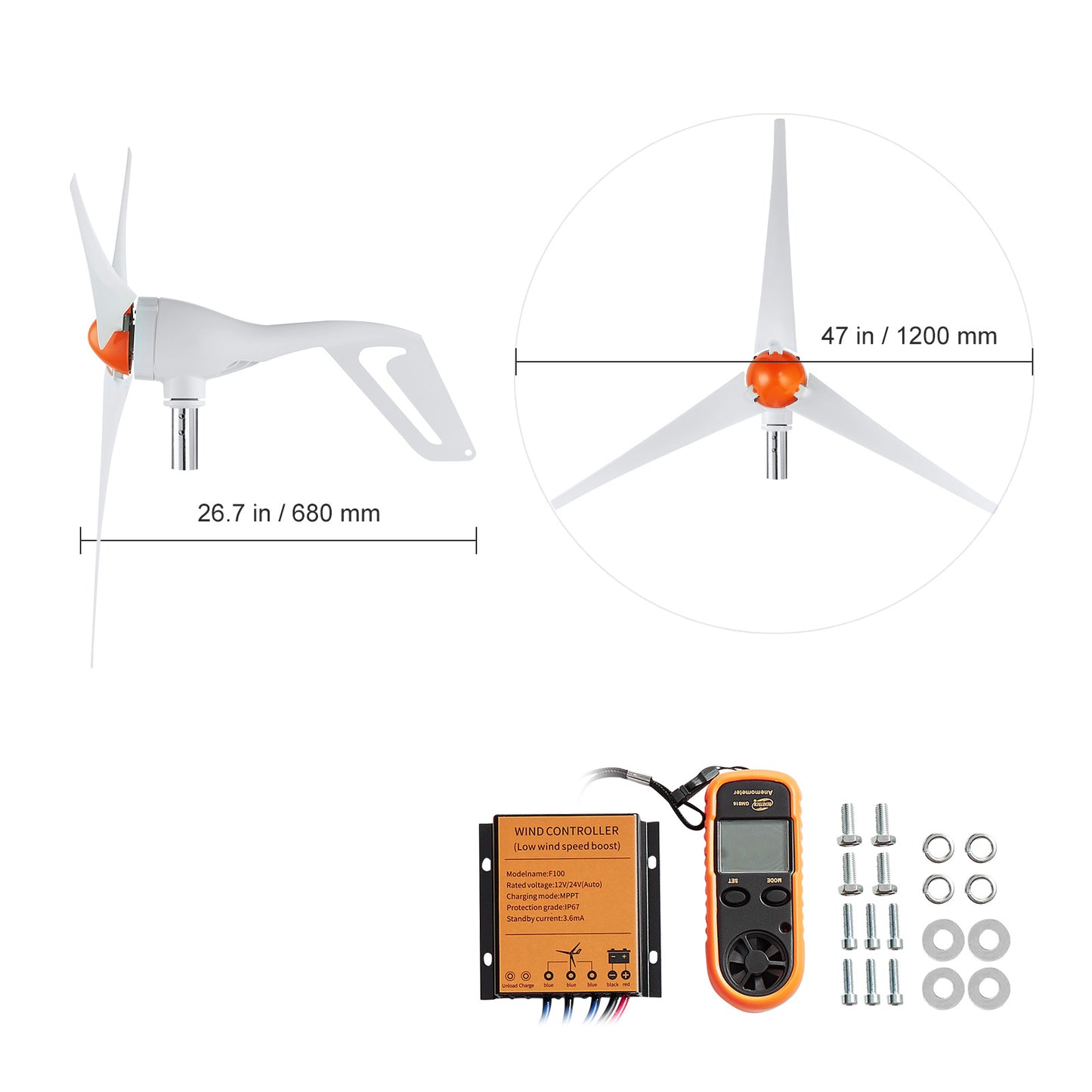 500W Windturbine Generator – Windmolen – Windenergie Generator – Windkracht Turbine – Windkracht Generator – MPPT Controller – 47 Inch Glasvezel Bladen – Wit