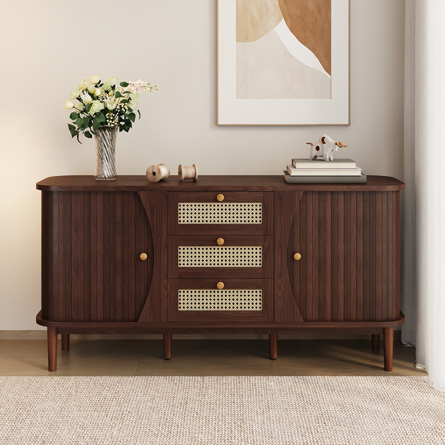 Dressoir – Sideboard – Opbergkast – Ladekast – Kast – Hardhout en Rotan – Schuifdeuren en Lades