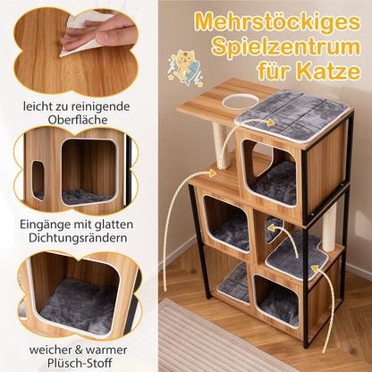 Kattenklimpaal – Krabpaal – Kattenhuis – Kattenmeubel – Klimmeubel – 3 Verdiepingen Met Krabvlak – Verwijderbare Kussens – Metaalframe – Natuurlijk