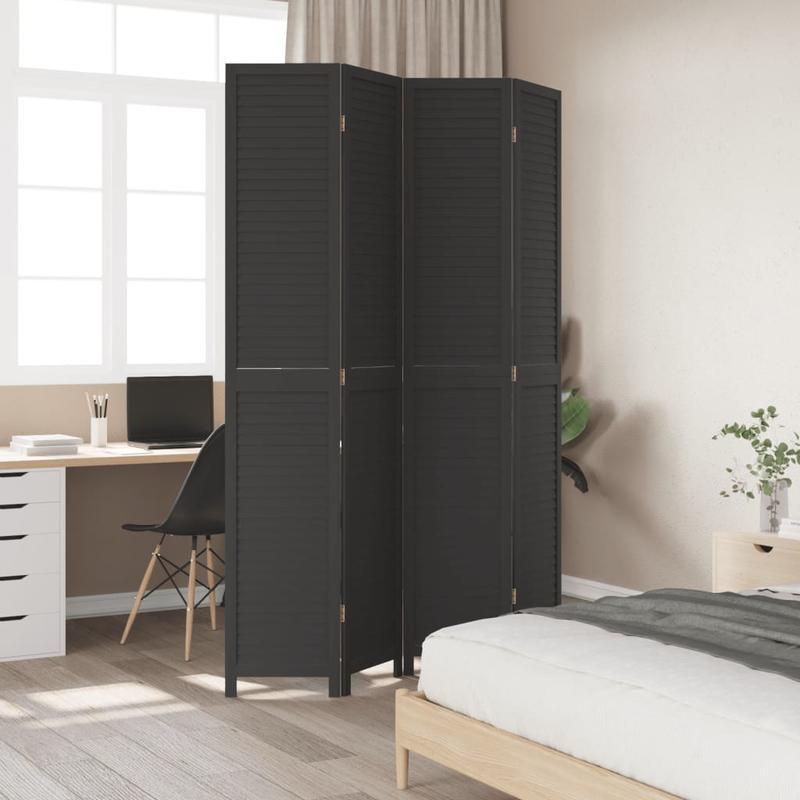 4-Panel Black Paulownia Wood Room Screen - Elegant Privacy Divider for Office, Bedroom, Living Room with Golden Accents, Living Room Decor|Golden Accented Furniture|Paulownia Wood Construction, Wall Decor Living Room