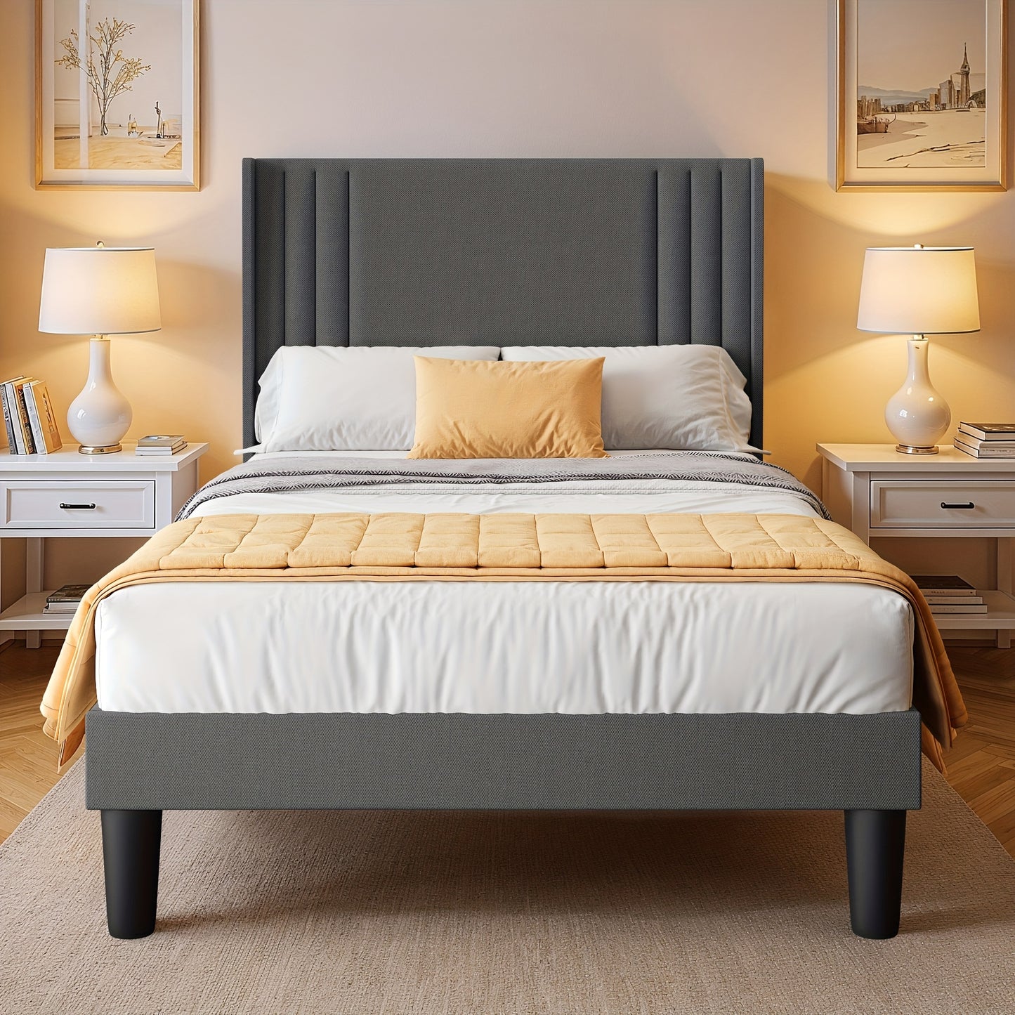 Bedframe – Ledikant – Slaapbank – Bedombouw – Slaapmeubel – Beige Soft-Pack Bekleding – 120x200 cm – Stille Strips – 20 cm Opbergruimte Onder Bed