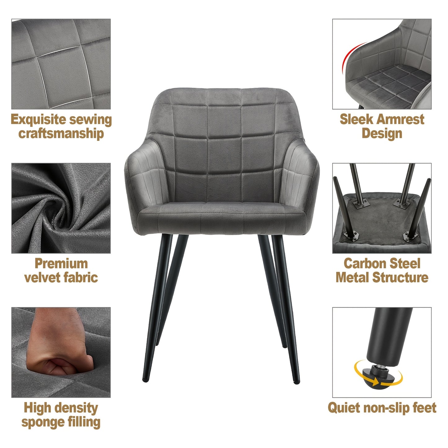 Eetkamerstoelen – Stoelen – Designstoelen – Velvet Stoelen – Armstoel – Set Van 2 – Donkergrijs – Ergonomisch Design – Memory Foam Zitting