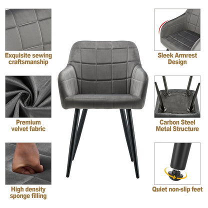 Velvet Eetkamerstoelen – Fluwelen Stoelen – Armstoel – Design Stoel – Comfortabele Stoel – Grijs – Memory Foam Zitting – Stevig Metalen Frame