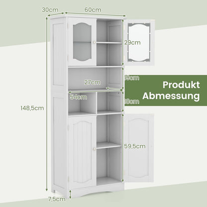 Badkamerkast – Badmeubel – Kolomkast – Wastafelonderkast – Medicijnkastje – Vrijstaand ontwerp – Verstelbare planken – Matglas deuren – MDF wit 60x30x148,5 cm