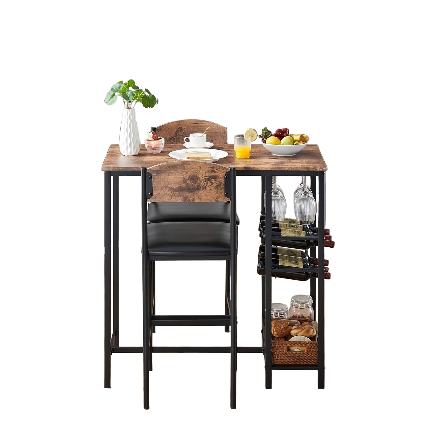Barset voor 2 Personen – Bistroset – Eettafelset – Barstoelen – Keukentafelset – Compact Design – MDF Houtlook – Gevoerde Zittingen – Met Voetsteun – Eenvoudig Te Monteren – Stevig Metalen Frame – Rustieke Bruine Kleur