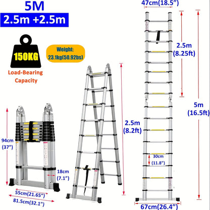 Telescopische Ladder – Inklapbare Ladder – Uitschuifbare Ladder – A-Frame Ladder – Vouwladder – 5 Meter Hoogte – Roestvrij Staal