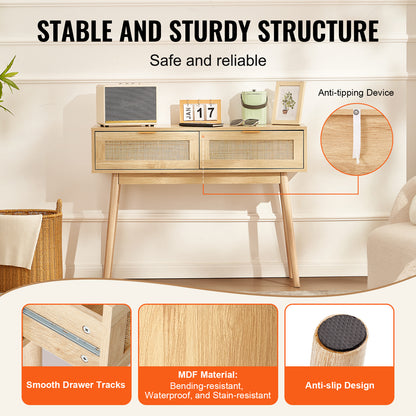 Sidetable – Wandtafel – Console – Haltafel – Bijzettafel – Natuurlijk Rattan – 2 Laden – Duurzaam MDF