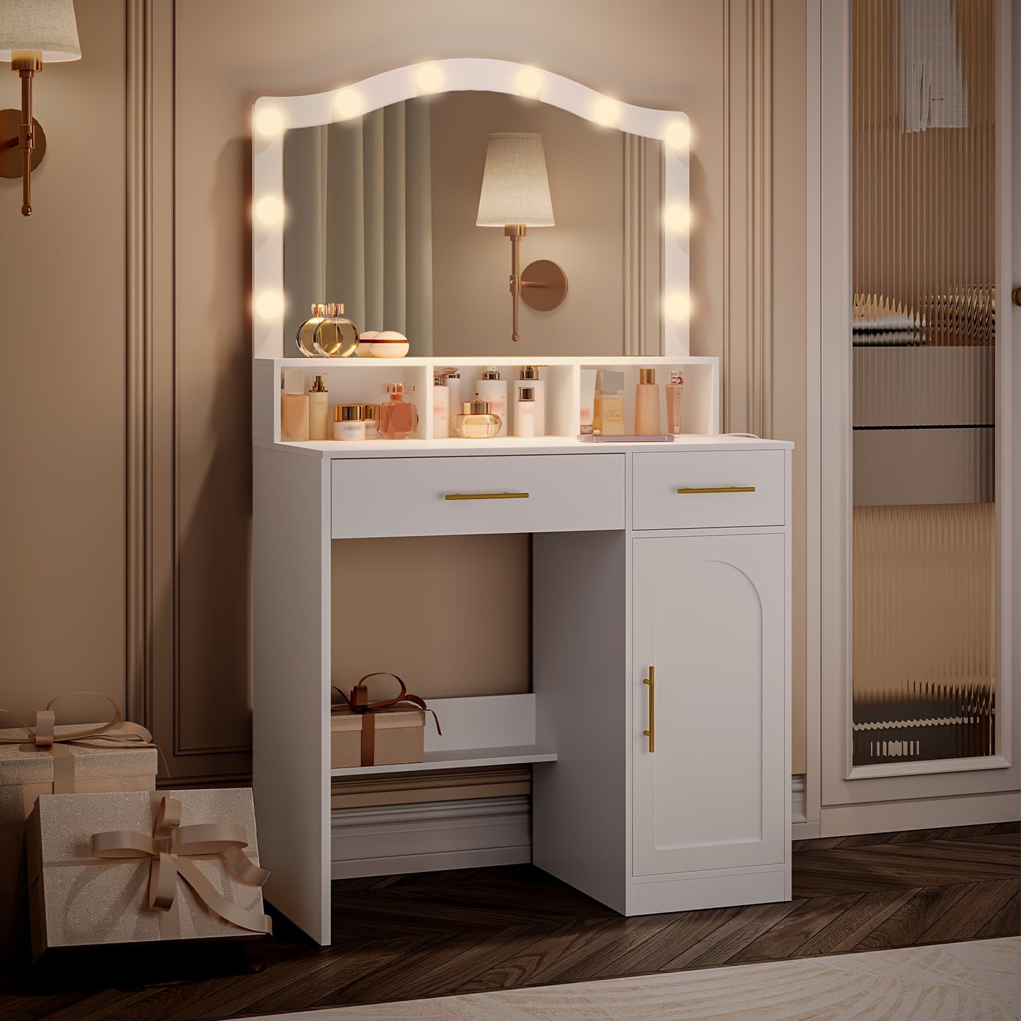 Kaptafel – Make-up Tafel – Beauty Tafel – Schminktisch – Toilettafel – Wit Met Gouden Accenten – Verstelbare 3-Kleurige LED-Verlichting – Oplaadstation Met 2 Lades En Kastje