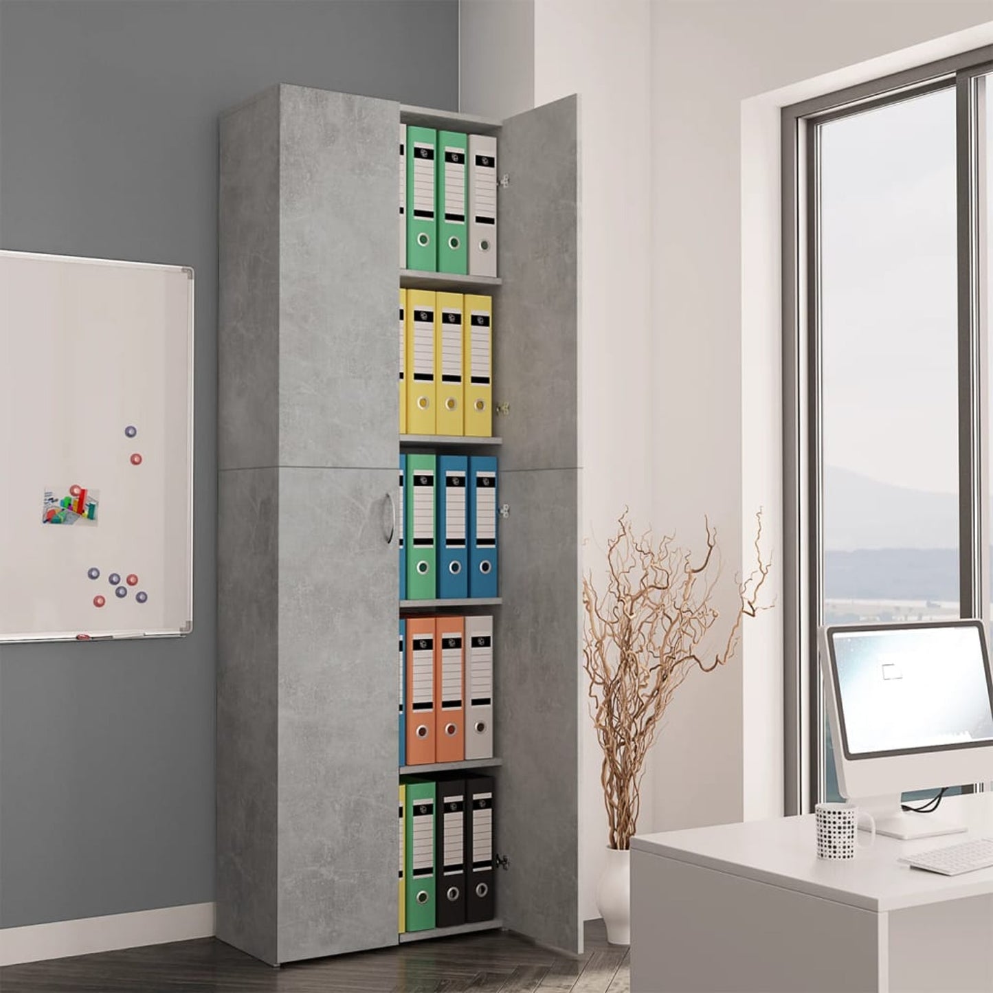 Kantoorkast – Opbergkast – Vitrinekast – Dressoir – Boekenkast – Hoekplanken – Beton Grijs – 60x32x190 cm – Gemaakt van Spaanplaat