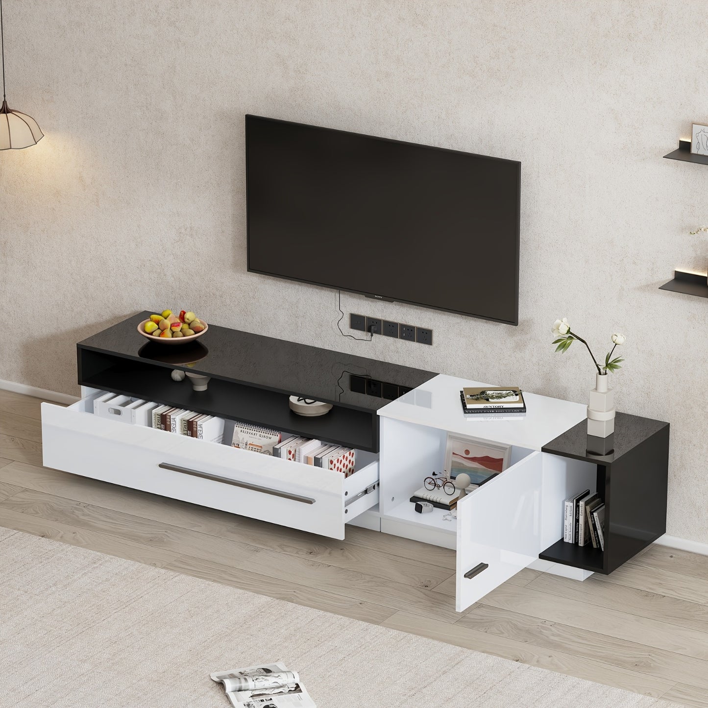 TV Meubel – Hoogglans TV Kast – Lowboard – TV Dressoir – Tv Kastje – Licht Wit + Zwart – 170 Cm Breed – Geschikt Voor TV Tot 70 Inch
