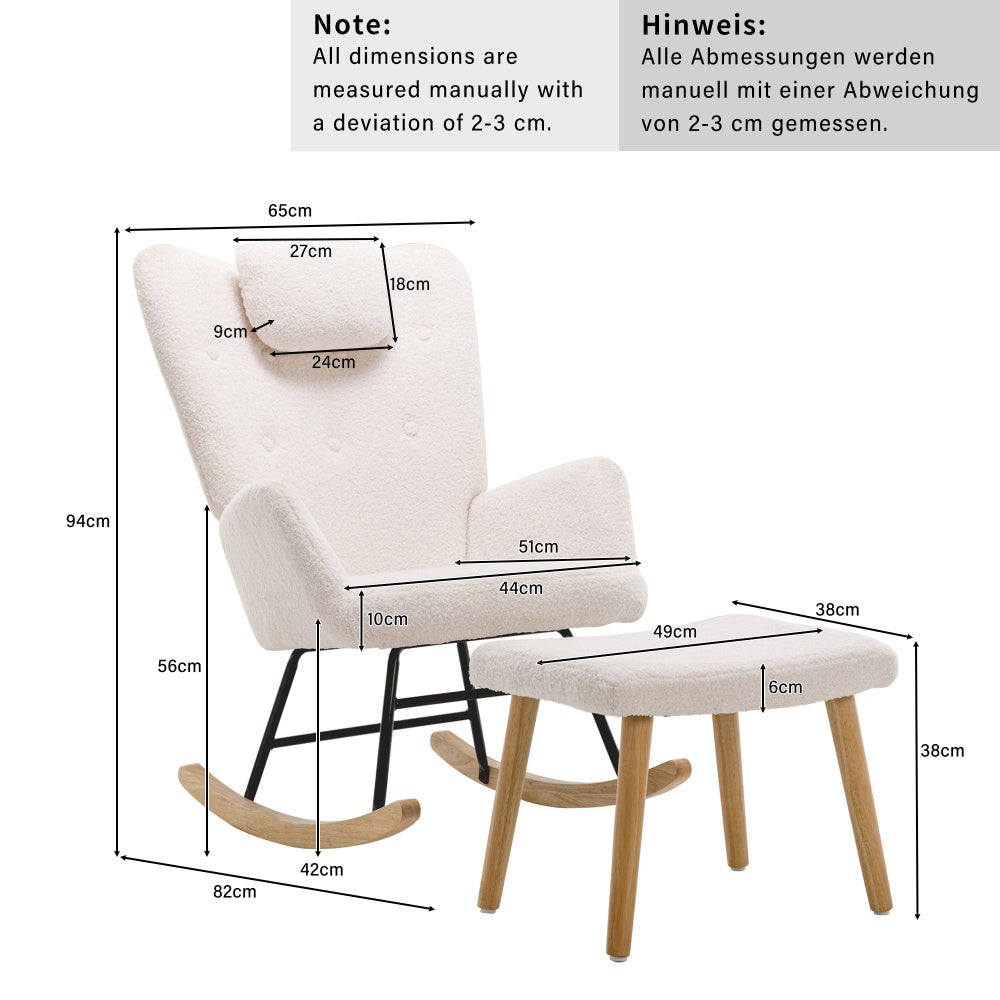 Schommelstoel – Rocking Chair – Relaxstoel – Schommelzetel – Witte Schommelstoel – Teddy Pluche Bekleding – Inclusief Hoofd- en Voetensteun