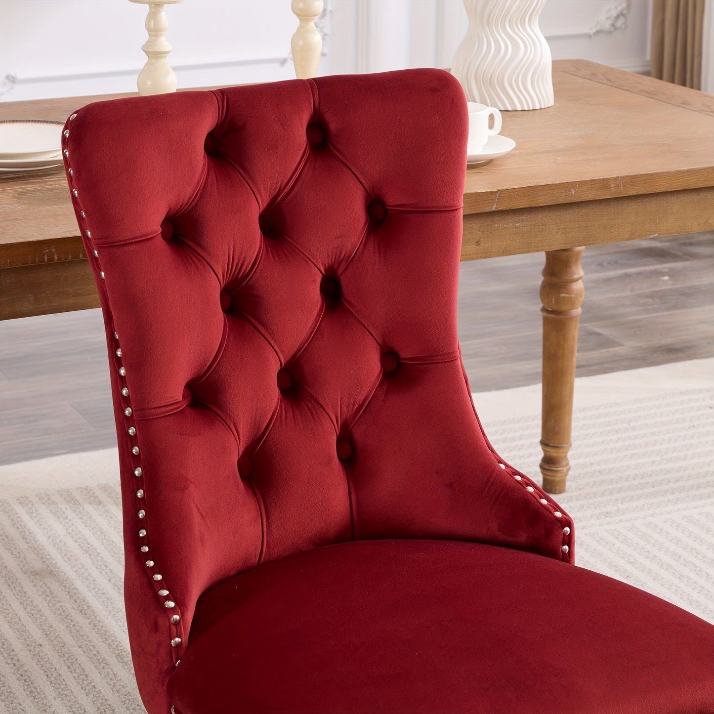 2pcs Classic Burgundy Red Velvet Dining Chair Set - Modern Luxury Quilted Upholstery with Solid Wood-Like Legs & Nailhead Trim, Plush Cushioning for Elegant Kitchen, Dining Room, or Home Office - Easy-Clean Furniture (No Fabr