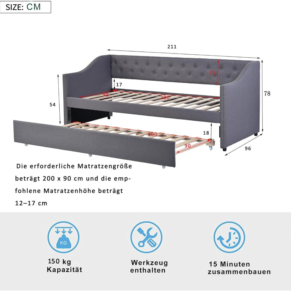 2-zits Slaapbank – Bedbank – Slaapbankje – Logeerbed – Bankbed – Grijs – King Size 90x200 cm – Duurzame Linnen Bekleding