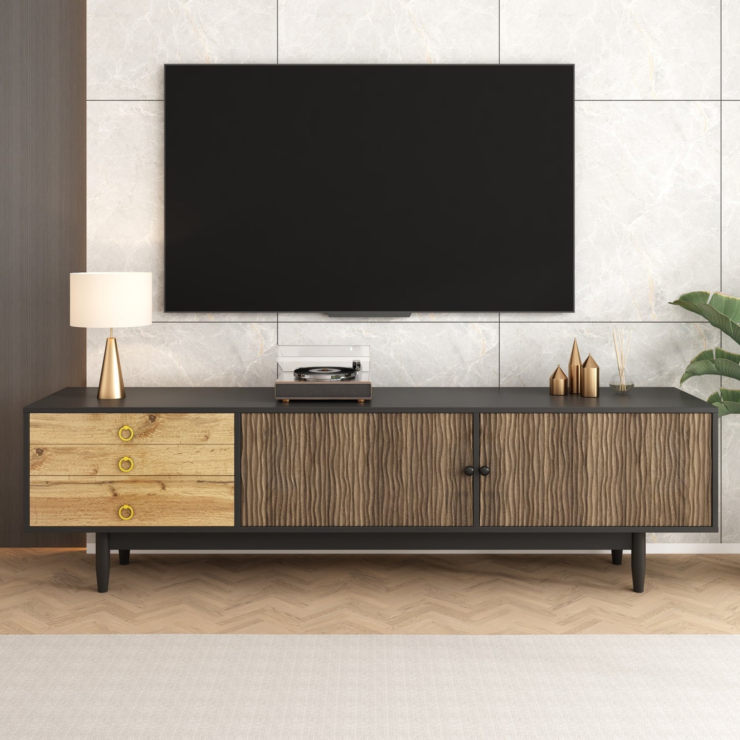 Tv-Kast – Tv-Meubel – Lowboard – Mediameubel – Tv-Dressoir – Zwart Met Houtlook – Golvend Design – 180x38x50 CM – Ruime Opbergruimte – Stevige Constructie