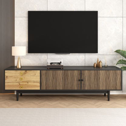 Tv-Kast – Tv-Meubel – Lowboard – Mediameubel – Tv-Dressoir – Zwart Met Houtlook – Golvend Design – 180x38x50 CM – Ruime Opbergruimte – Stevige Constructie