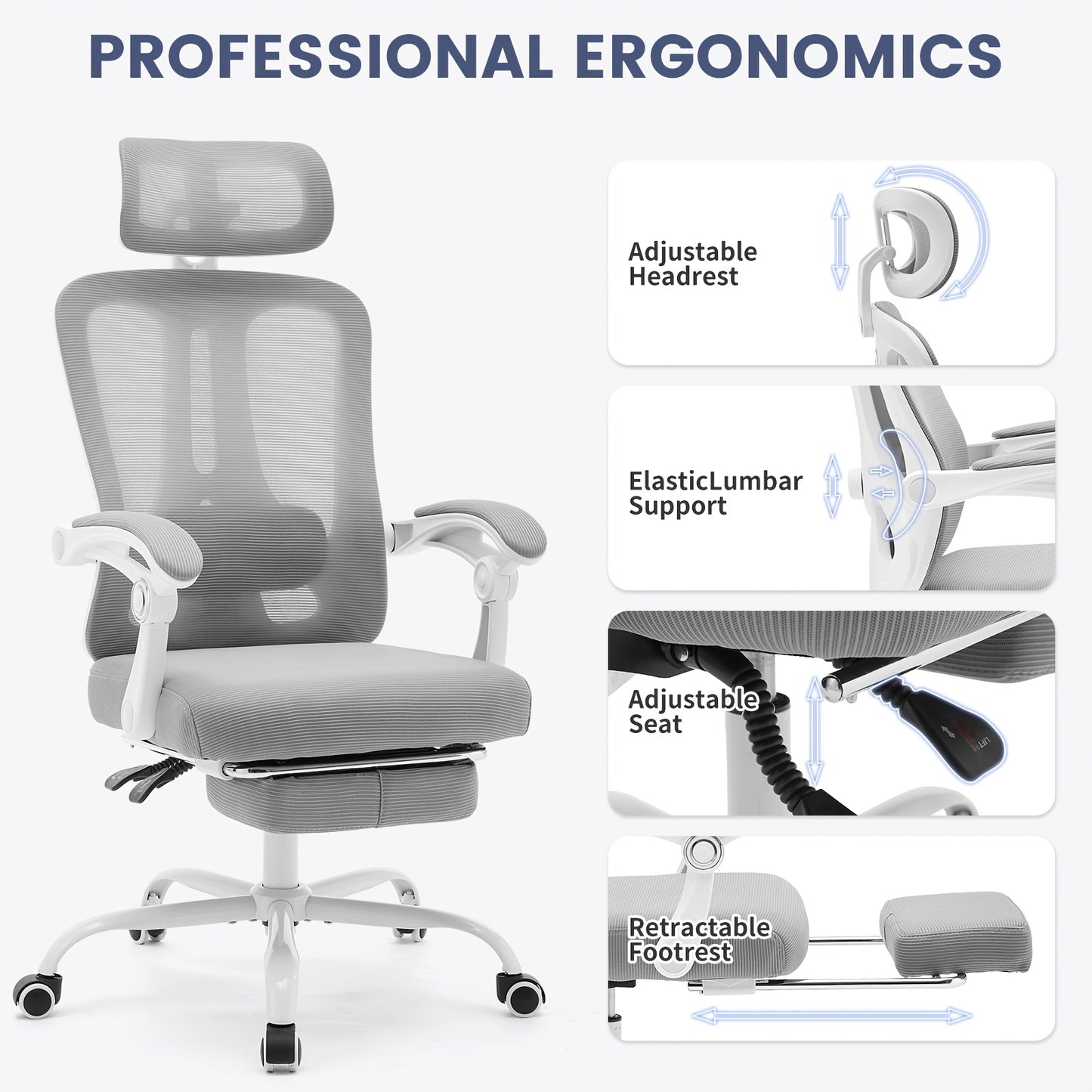 Ergonomische Bureaustoel – Bureaustoel Met Voetensteun – Kantoorstoel – Comfortabele Werkstoel – Gamestoel – Verstelbare Lendensteun – Ademend Mesh – 360° Draaibaar Met Metalen Frame – Grijs