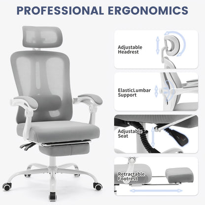 Ergonomische Bureaustoel – Bureaustoel Met Voetensteun – Kantoorstoel – Comfortabele Werkstoel – Gamestoel – Verstelbare Lendensteun – Ademend Mesh – 360° Draaibaar Met Metalen Frame – Grijs