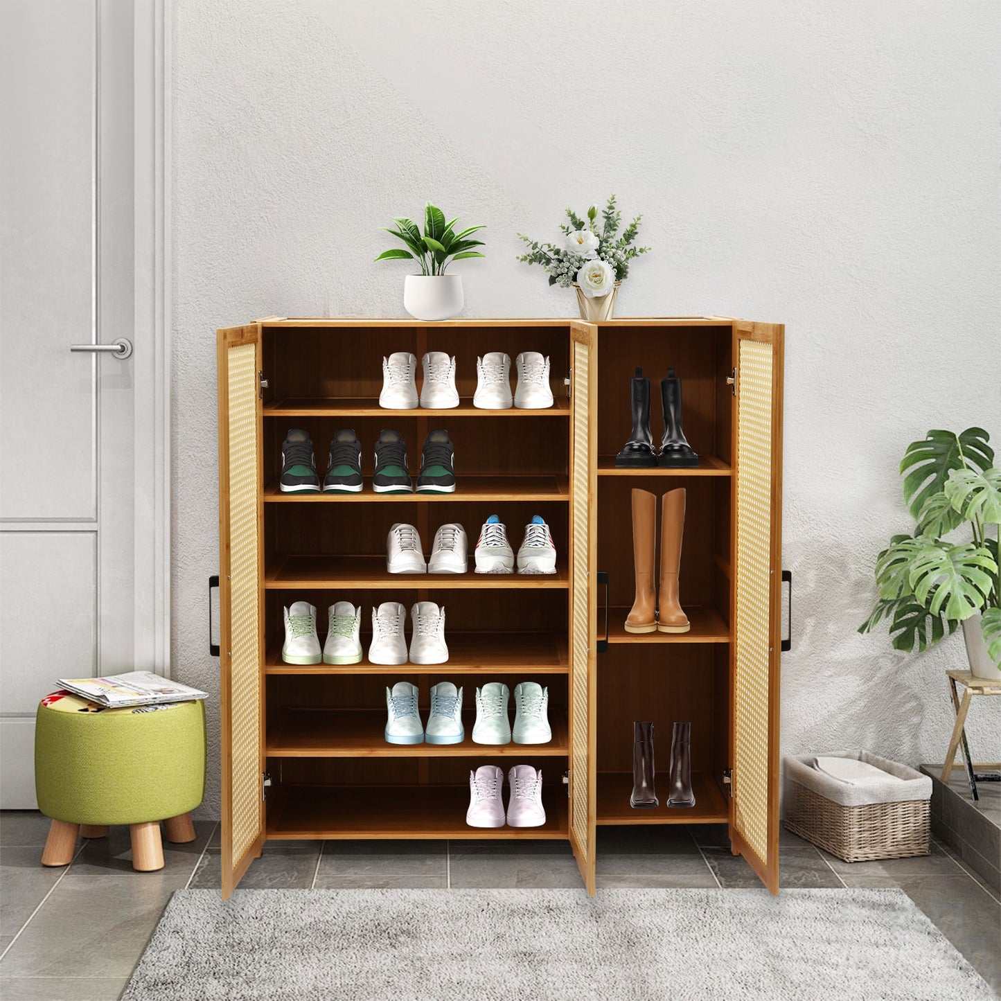 Schoenenkast – Schoenopberger – Schoenrek – Schoenkast – Schoenmeubel – Bamboe En MDF – Geventileerde Deuren – Ruim 89x33x100cm – Vrijstaand Design – Houtkleur