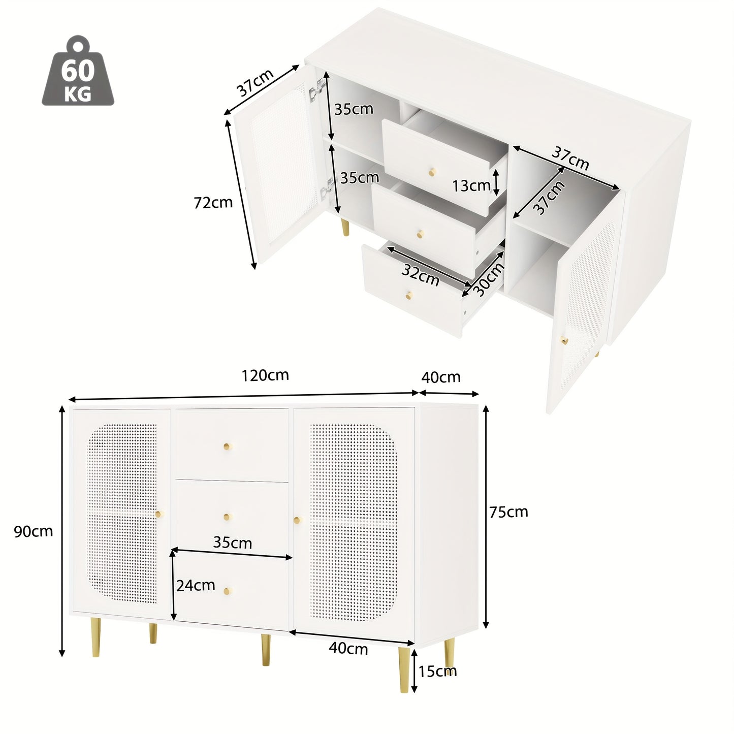 Dressoir – Sideboard – Opbergkast – Ladekast – Kast – Wit – MDF & Rattan – Multifunctionele Meubelset