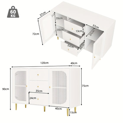 Dressoir – Sideboard – Opbergkast – Ladekast – Kast – Wit – MDF & Rattan – Multifunctionele Meubelset