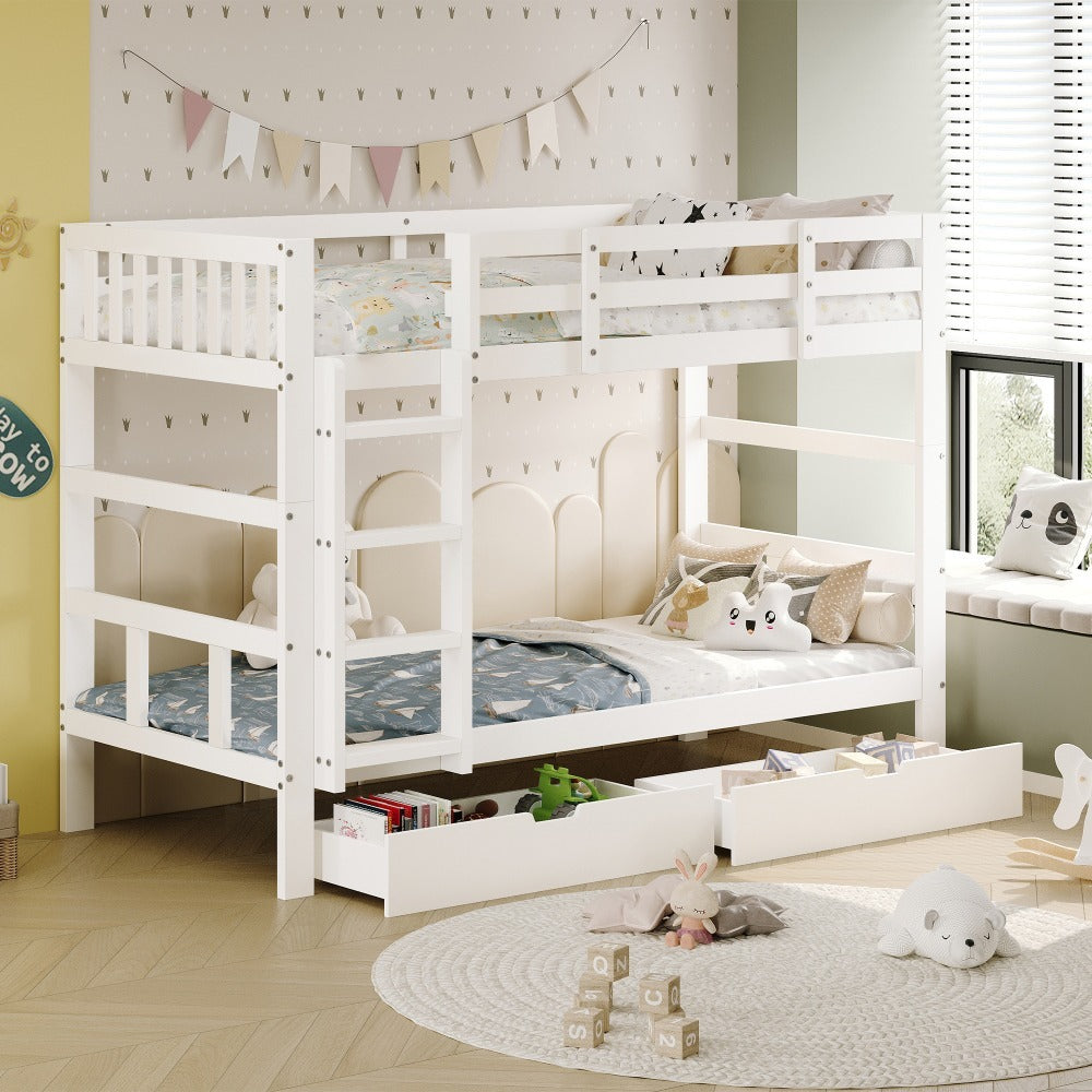 Stapelbed – Hoogslaper – Kinderbed – Lits-jumeaux – Kinderstapelbed – Massief Hout – Met Opbergruimte – 90x200 cm – Veiligheidshek – Wit