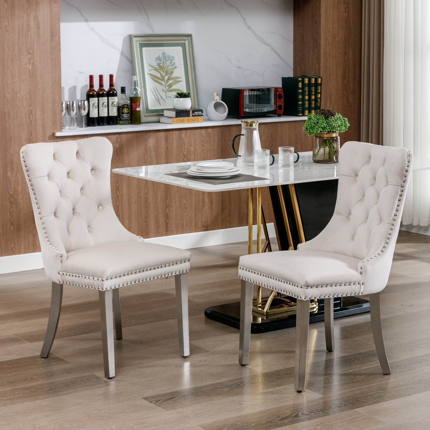 Set of 2 Modern Luxury Tufted Solid Wood Frame Dining Chairs with Beige Velvet Upholstery, Chrome Stainless Steel Legs & Nailhead Trim - Contemporary Classic Design, Plush Cushioned Seats for Elegant Home or Formal Dining Roo