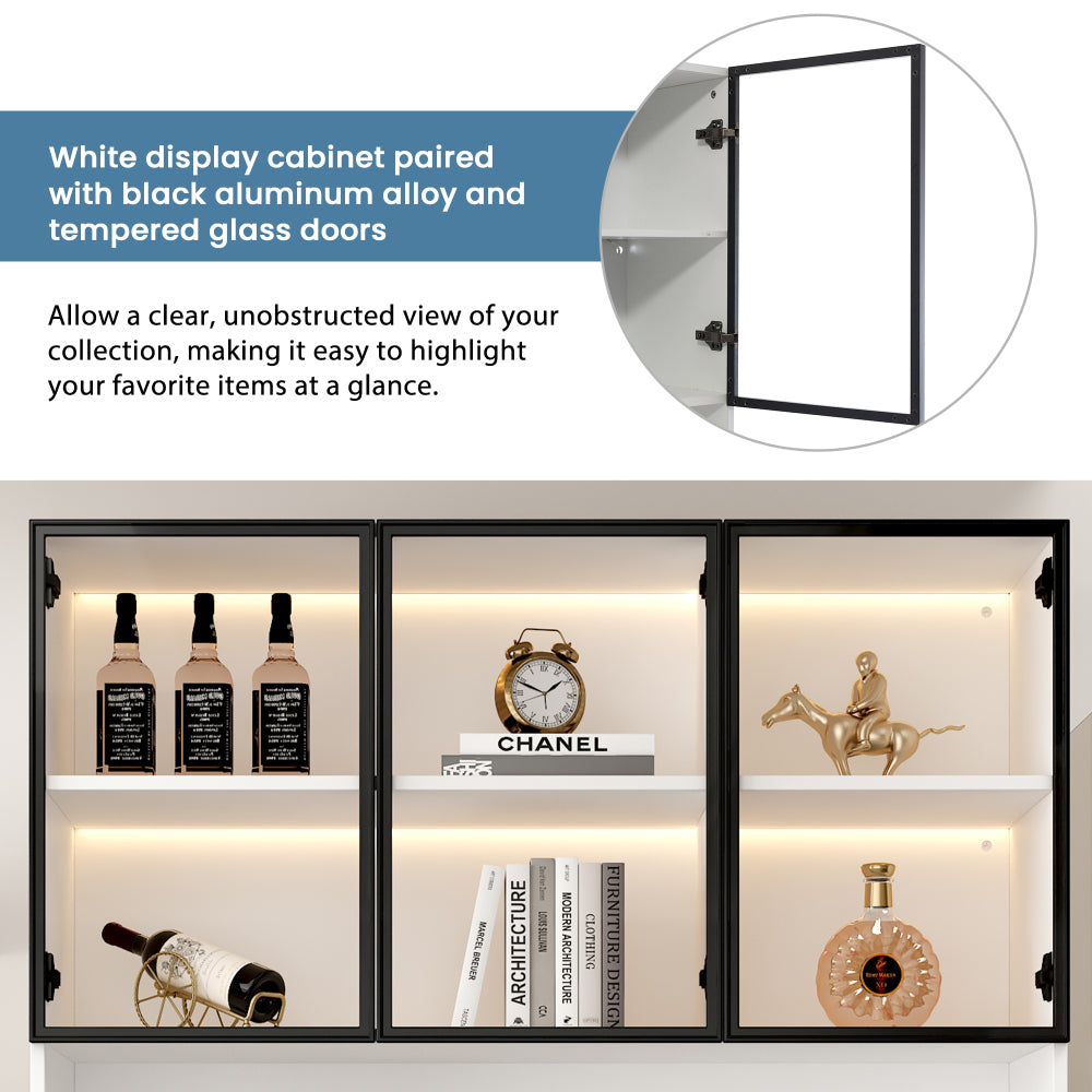 200 cm High Glass Cabinet Doors | White Multi-Tiered Storage Bookshelves with Black and White Door Frames, Suitable for Collectibles, Bedrooms, Living Rooms, and Offices, Contemporary Style, Metal Material