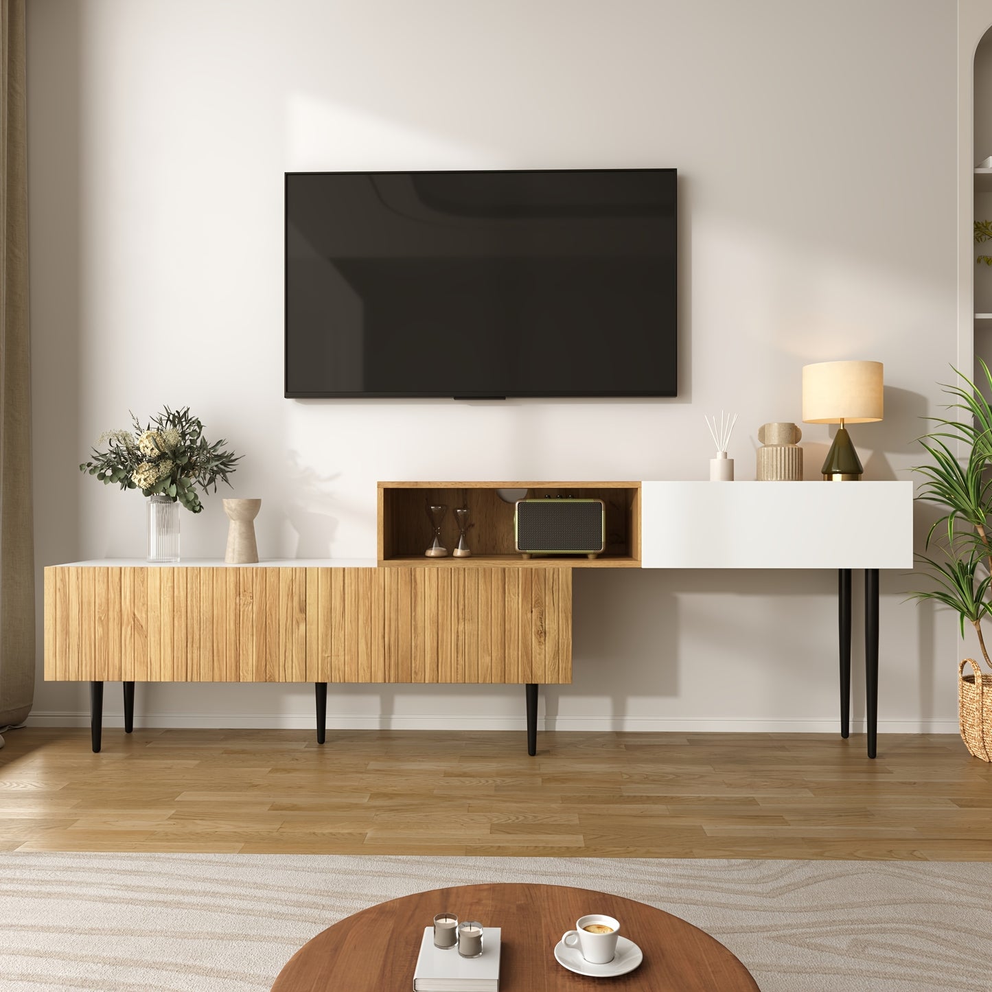 TV Meubel – TV Kast – TV Meubelkast – Lowboard – Mediameubel – Verstelbare Lengte – Modulaire Twee-delige Ontwerp – Zwarte Metalen Poten – Warme Bruine Afwerking