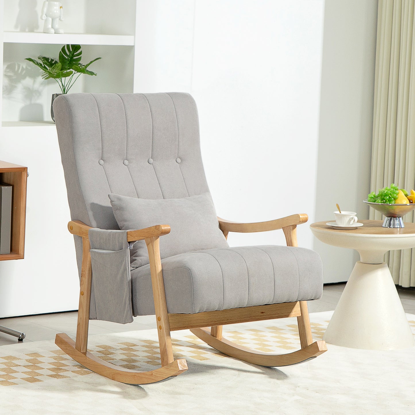 Schommelstoel – Rocking Chair – Schommelstoel Met Kussen – Relaxstoel – Lounge Stoel – Zacht Gevoerd – Beukenhouten Frame – Zijvak Opbergruimte – Stil Schommelen