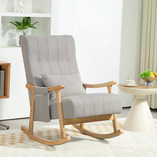 Schommelstoel – Rocking Chair – Schommelstoel Met Kussen – Relaxstoel – Lounge Stoel – Zacht Gevoerd – Beukenhouten Frame – Zijvak Opbergruimte – Stil Schommelen