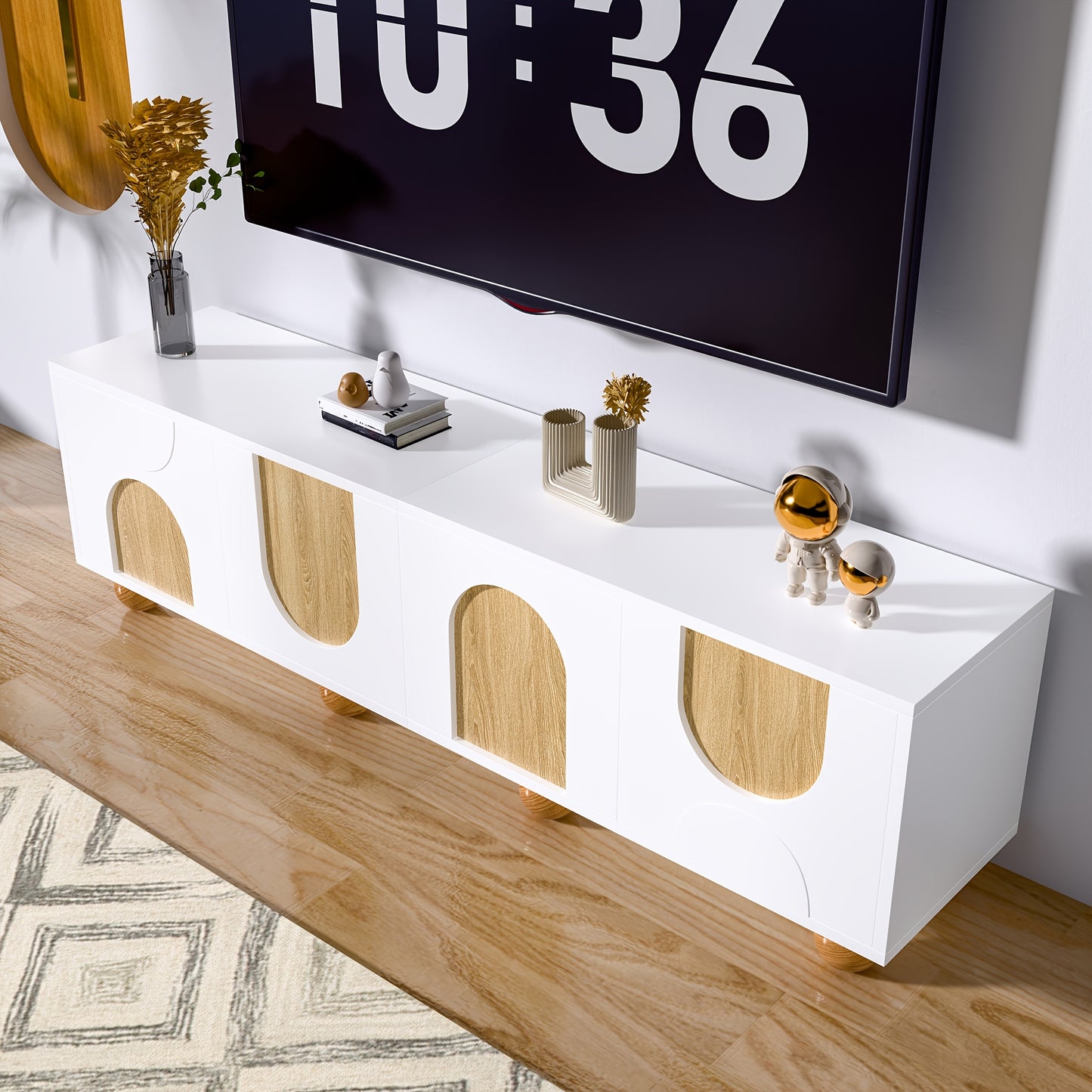 Tv-meubel – TV-kast – TV-standaard – Media Console – Woonkamermeubel – Retro Boogvorm – Bolle Poten – Duurzaam Bamboe – Geen Montage
