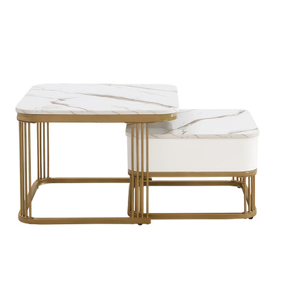 Salontafel Set – Koffietafel – Bijzettafel – Opbergtafel – Nesting Tafel – Hoogglans Wit Met Gouden Accenten – Uitklapbaar Design Met Lades