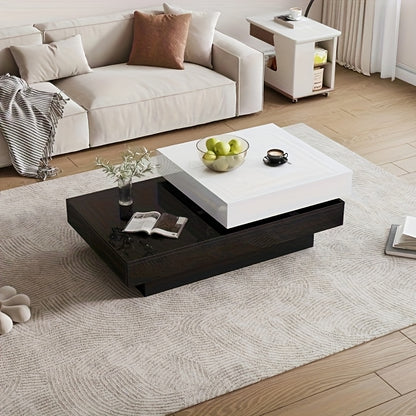 Uitbreidbare Salontafel – Draaibare Tafel – Woonkamertafel – Uitschuifbare Tafel – Moderne Lounge Tafel – Glanzend Wit Met Zwarte Witte Stiksels – Dubbele Laag Met Bamboe Materiaal