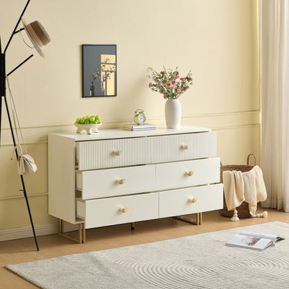Dressoir – Kast – Ladekast – Opbergkast – Sideboard – Modern Design – 6 Laden – MDF & Stalen Poten – Wit Met Gouden Accenten – 120x40x75 cm