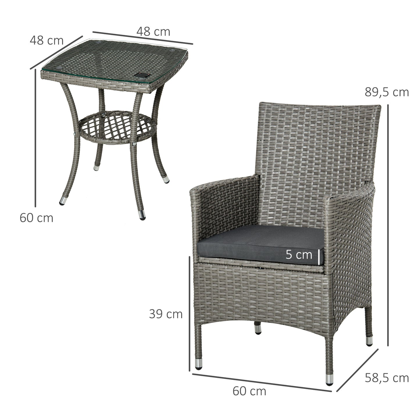 Rattan Tuinmeubelset – Bistroset – Balkonset – Tuinstoelen – Tuinmeubilair – Grijs – Poly Rattan & Stalen Frame – Glas Tafelblad met Kussens
